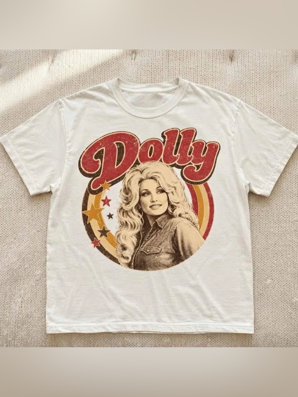 White Dolly Parton Retro Graphic Tee with Red and Gold Accents - Picture 1 of 3